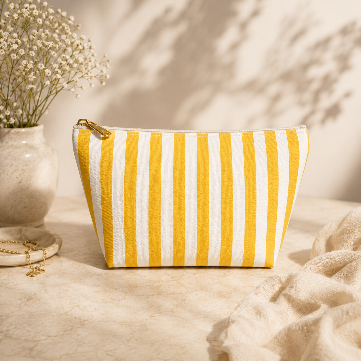 Yellow and white striped pouch on a textured surface with a vase of flowers in the background