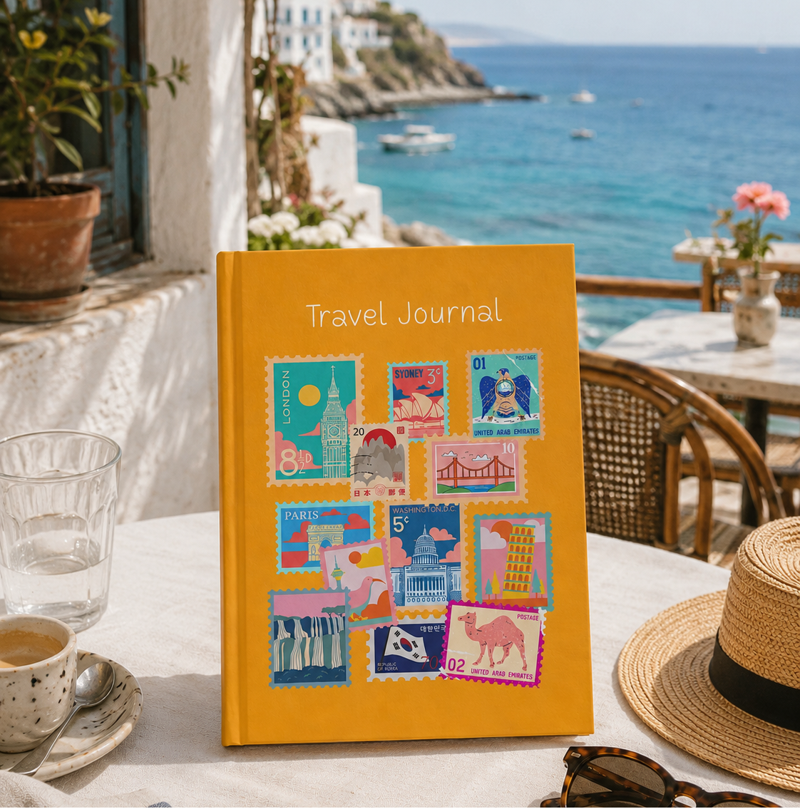 Yellow travel journal with colorful stamps on a table by the sea