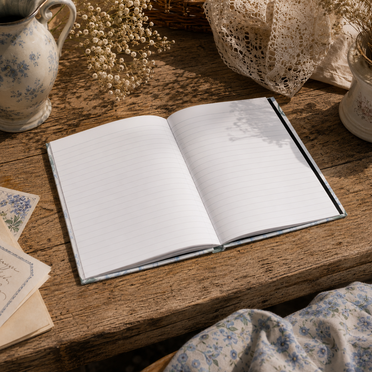 Aesthetic blue hydrangea notebook in a cozy cottagecore journaling setup perfect as a stationery gift.