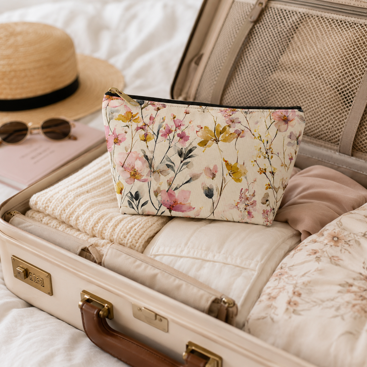 Floral pouch on top of a suitcase with sunglasses and a hat nearby