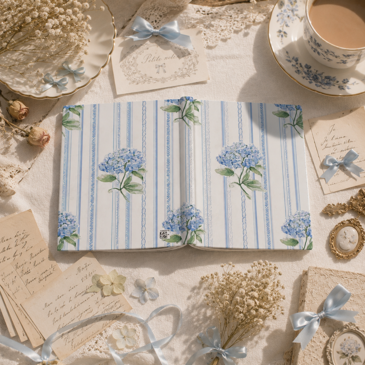 Floral hydrangea journal in a Pinterest-inspired cottagecore journaling scene with vintage details