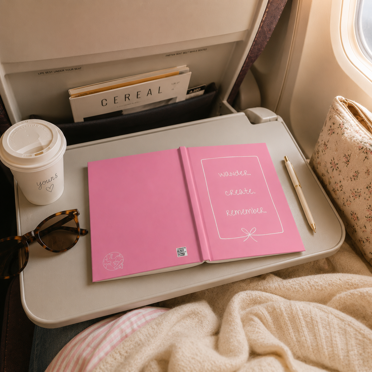 Pink notebook with motivational quote on airplane tray table with coffee and sunglasses
