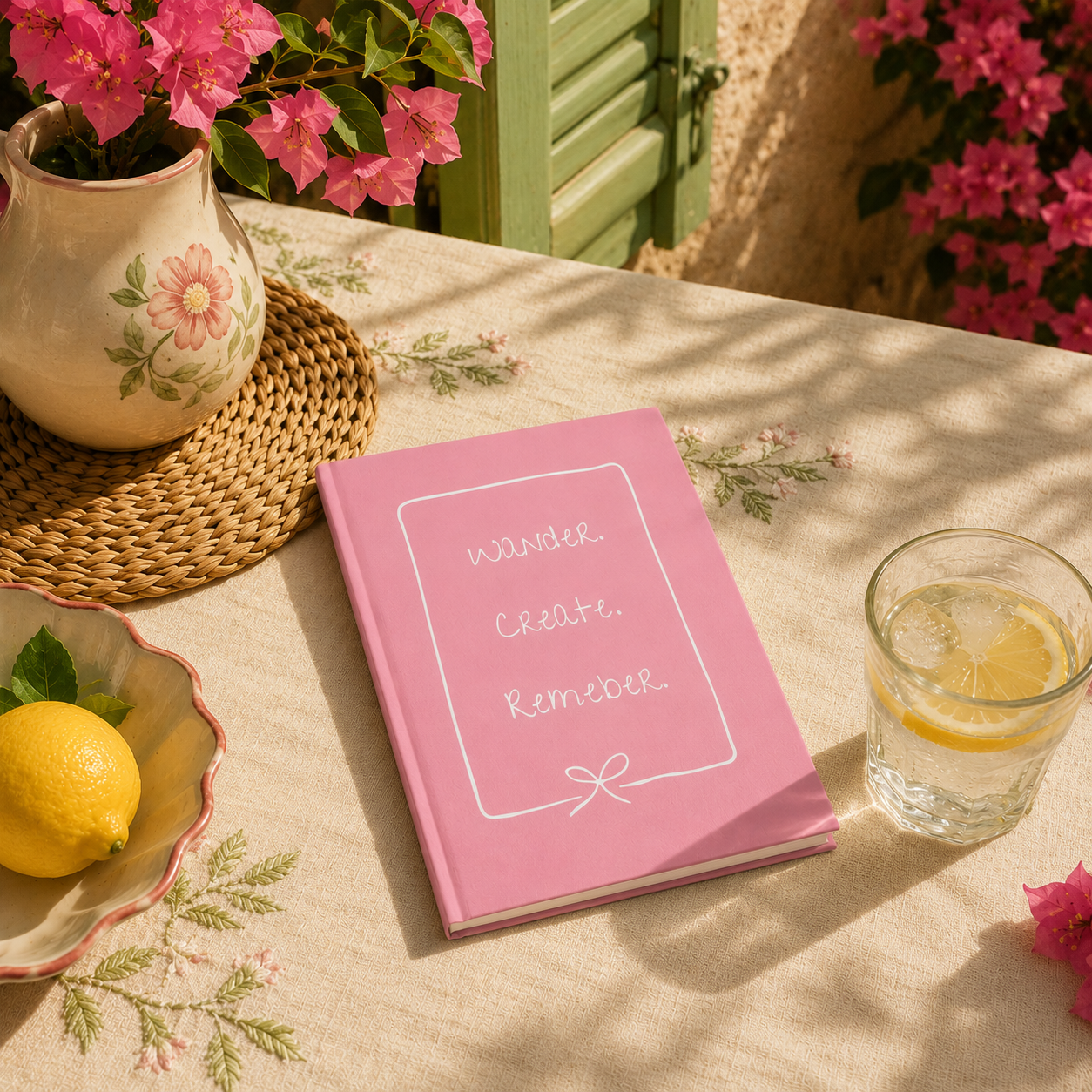 Pink travel journal on a sunlit Mediterranean cottage table with linen textures and warm summer styling.