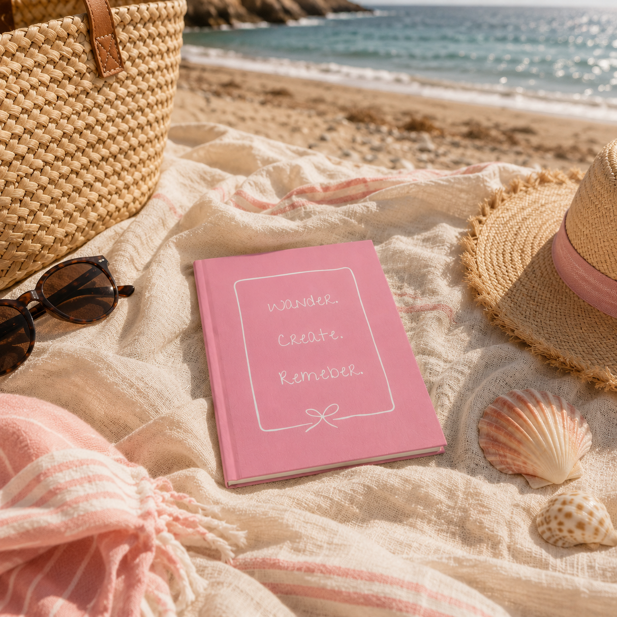 Pink notebook with 'wander, create, remember' text on a beach setting with sunglasses, hat, and shells.