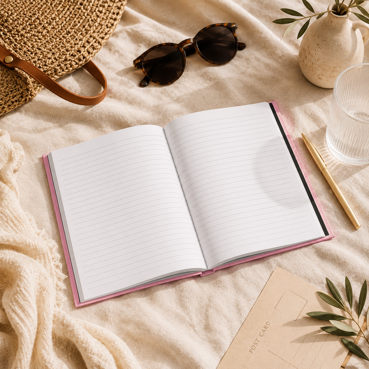 Pink Wander Create Remember travel journal opened to lined pages, showcasing the interior writing layout of the hardcover journal.
